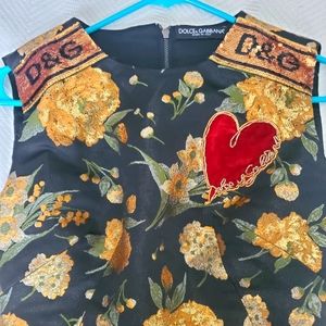 Dolce and Gabbana gold flower pattern jacquard dress with signature red heart